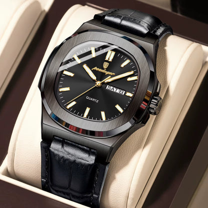 High Quality Watch for Men Luxury Luminous Waterproof Week Calendar Man Clock Leather Square Men'S Quartz Watches Reloj