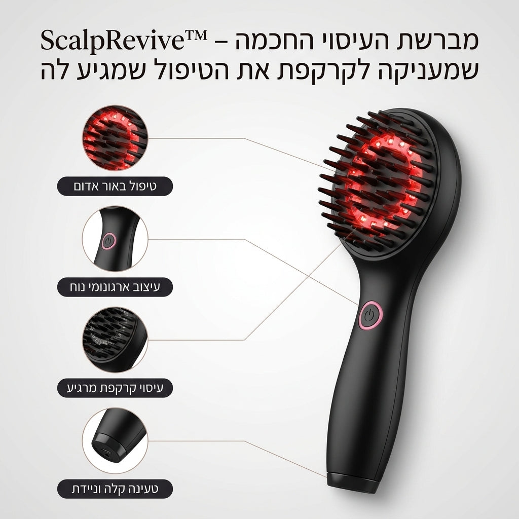 מסרק עיסוי חשמלי לקרקפת עם תאורת LED אדומה 630nm, עיסוי רטט ומברשת לעידוד צמיחת שיער וטיפוח הקרקפת.