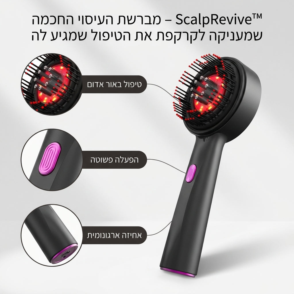 מסרק עיסוי חשמלי לקרקפת עם תאורת LED אדומה 630nm, עיסוי רטט ומברשת לעידוד צמיחת שיער וטיפוח הקרקפת.