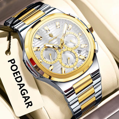 Luxury Luminous Men's Quartz Wristwatch - Business Casual Stainless Steel Chronograph with Waterproof Features